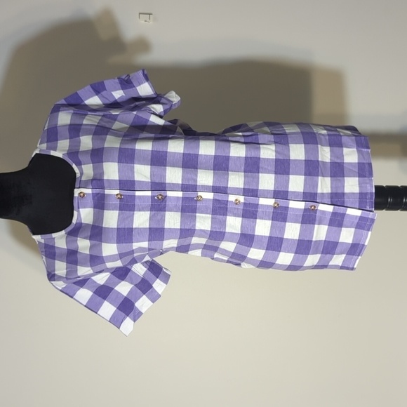 Sara Morgan Purple and White Plaid Button Up Short Sleeve Tunic Shirt Size L - Picture 1 of 5